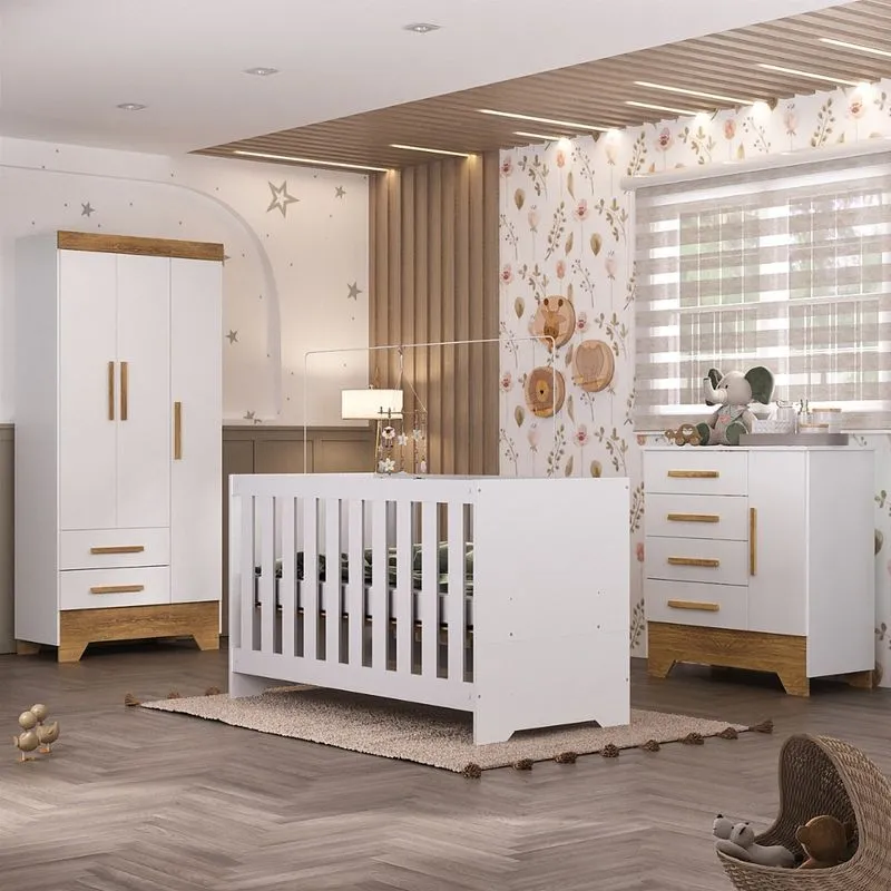 Quarto de Bebê com Guarda Roupa 3 Porta 2 Gavetas Cômoda 4 Gavetas 1 Porta e Berço 3 em 1 Catavento Maya Rodial