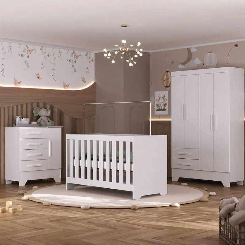 Quarto de Bebê com Guarda Roupa 4 Portas 2 Gavetas Cômoda 4 Gavetas 1 Porta e Berço 3 em 1 Catavento Maya Rodial