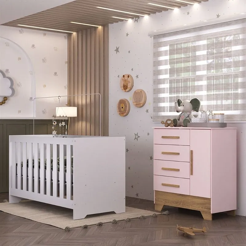 Quarto de Bebê com Cômoda 4 Gavetas 1 Porta e Berço 3 em 1 Catavento Maya Rodial