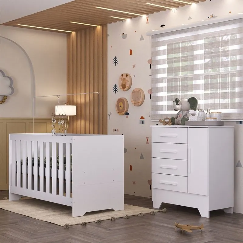 Quarto de Bebê com Cômoda 4 Gavetas 1 Porta e Berço 3 em 1 Catavento Maya Rodial
