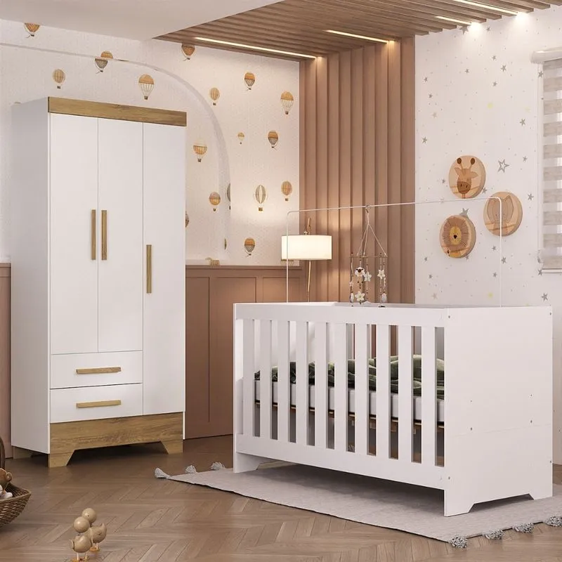 Quarto de Bebê com Guarda Roupa 3 Portas 2 Gavetas Berço 3 em 1 Catavento Maya Rodial