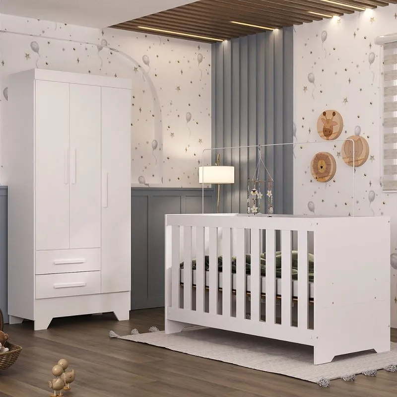 Quarto de Bebê com Guarda Roupa 3 Portas 2 Gavetas Berço 3 em 1 Catavento Maya Rodial