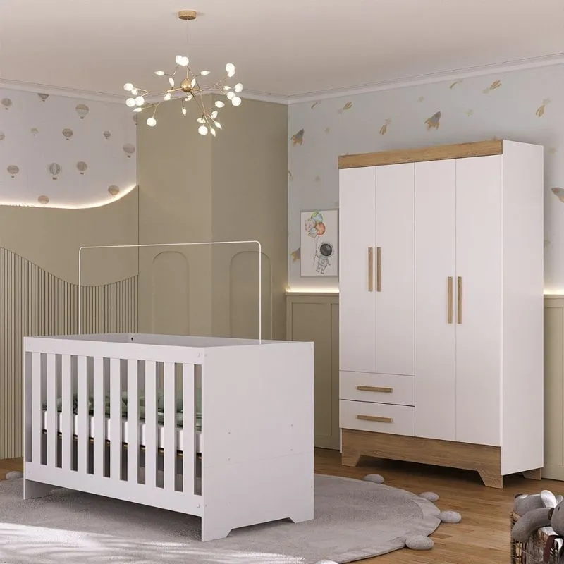Quarto de Bebê com Guarda Roupa 4 Portas 2 Gavetas e Berço 3 em 1 Catavento Maya Rodial