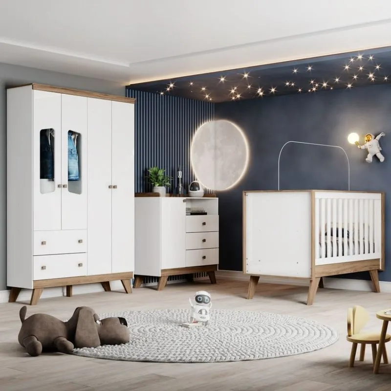 Quarto de Bebê Completo com Guarda Roupa 4 Portas Cômoda 3 Gavetas e Berço 3 em 1 Lola Henn