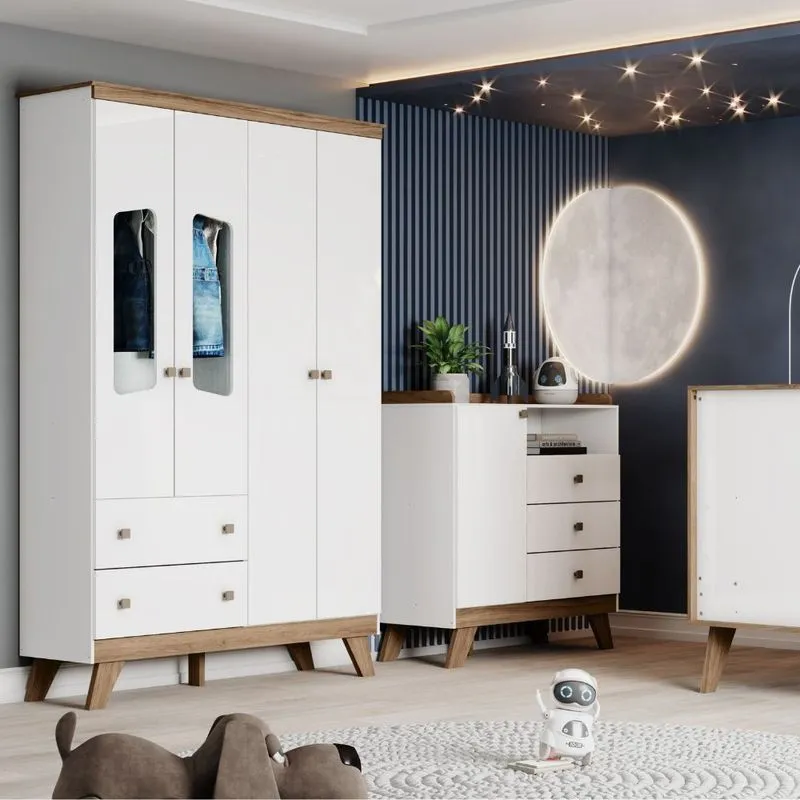 Quarto de Bebê com Guarda Roupa 4 Portas e Cômoda 3 Gavetas Lola Henn
