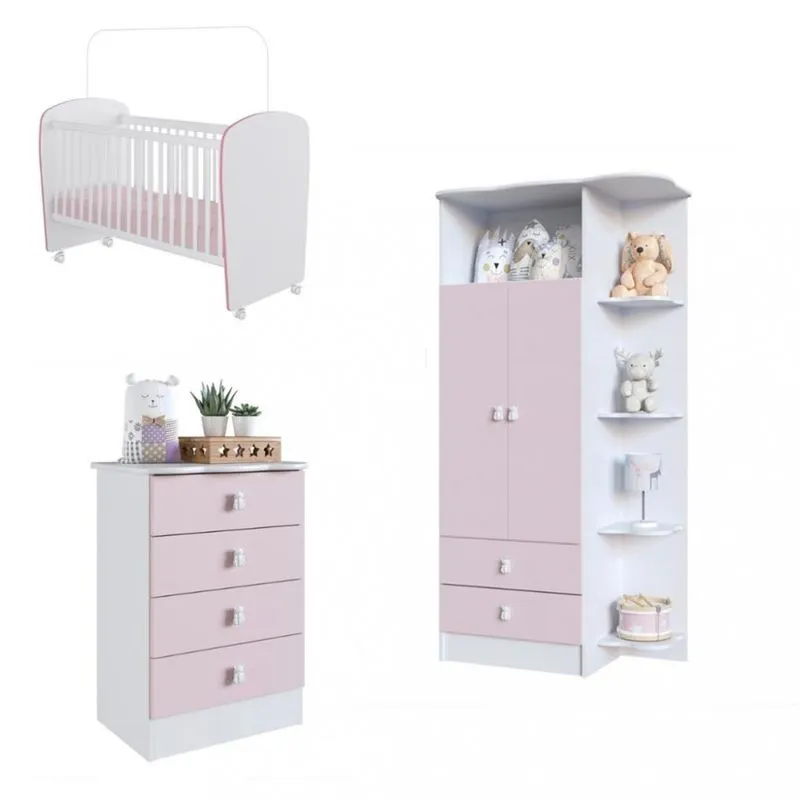 Quarto de Bebê Completo Guarda Roupa Cômoda e Berço com Rodízios Corujinha Percasa