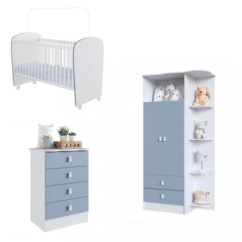 Quarto de Bebê Completo Guarda Roupa Cômoda e Berço com Rodízios Corujinha Percasa