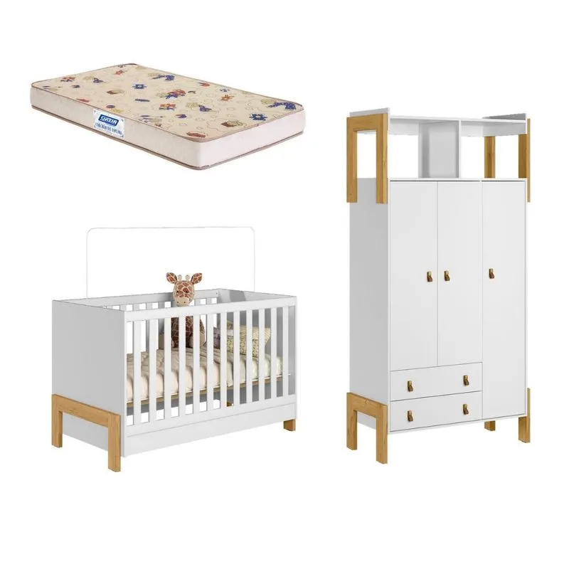 Quarto de Bebê Berço mini cama e Guarda Roupa 3 portas 2 Gavetas