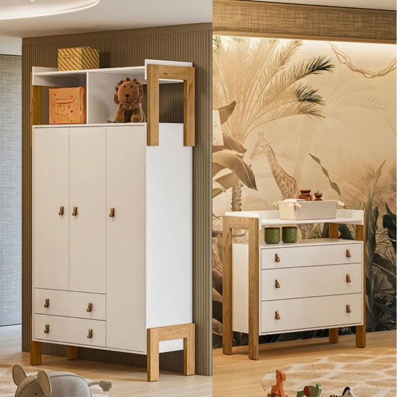 Quarto de Bebê Guarda-Roupa 3 portas 2 Gavetas e Cômoda 3 Gavetas Fantasia Qmovi