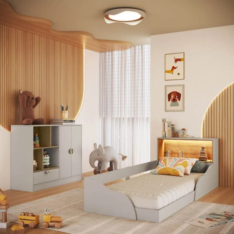 Quarto Infantil Cama Solteiro Montessoriana Led e Cômoda 1 Gaveta Lille