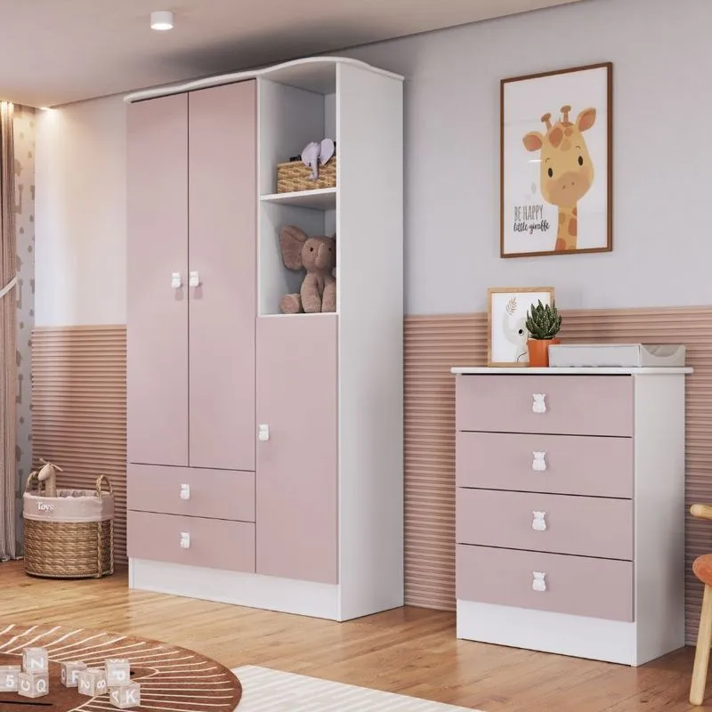 Quarto de Bebê Cômoda 4 Gavetas e Guarda Roupa 3 Portas Tedy Percasa