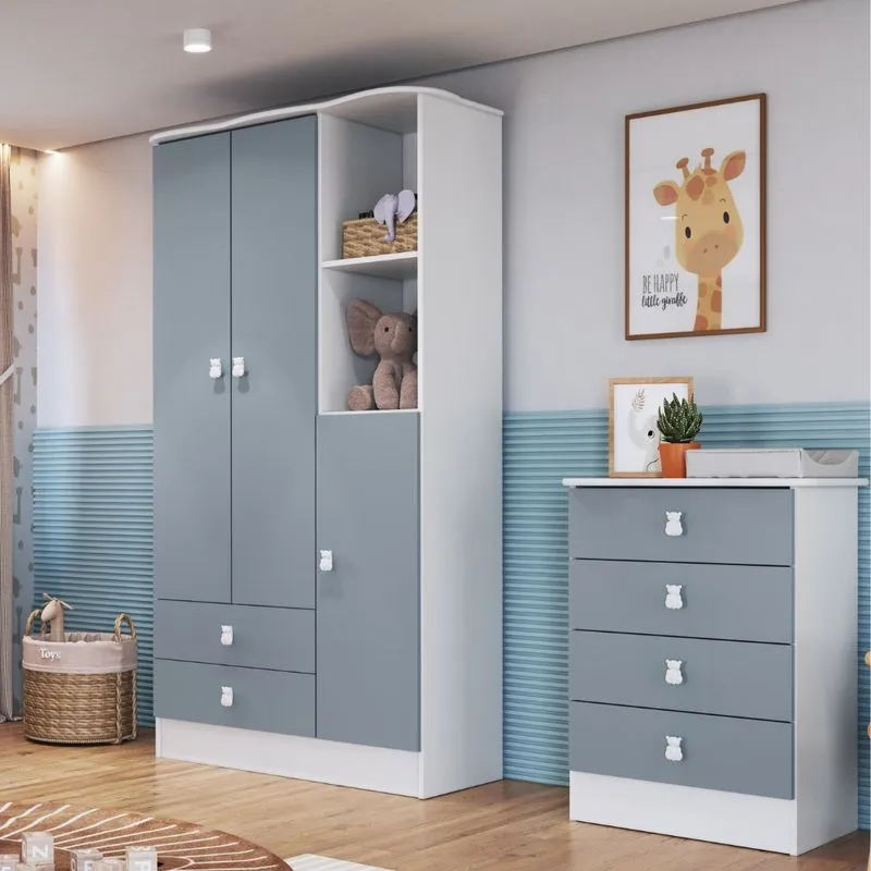 Quarto de Bebê Cômoda 4 Gavetas e Guarda Roupa 3 Portas Tedy Percasa