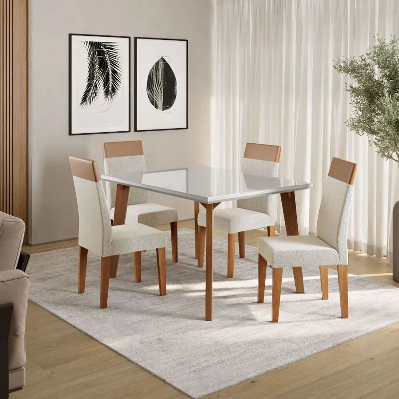 Conjunto Sala de Jantar Mesa 120cm com Tampo de Vidro Dubai com 4 Cadeiras Paris Madetal