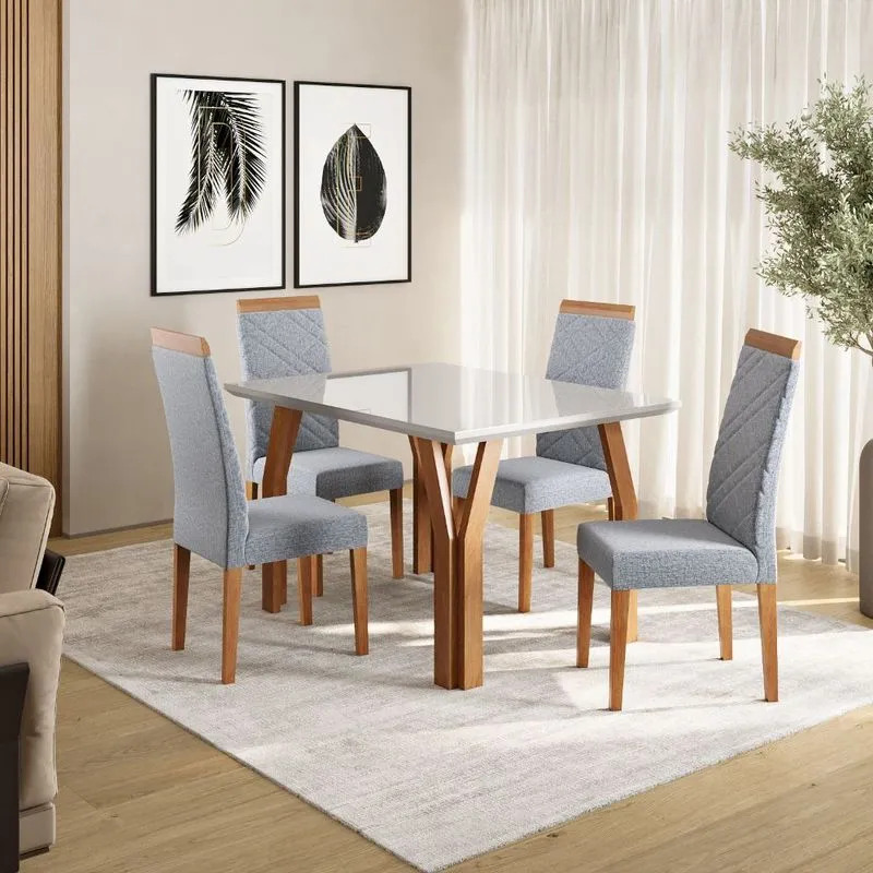 Conjunto Sala de Jantar Mesa 120cm com Tampo de Vidro com 4 Cadeiras Atlas Madetal