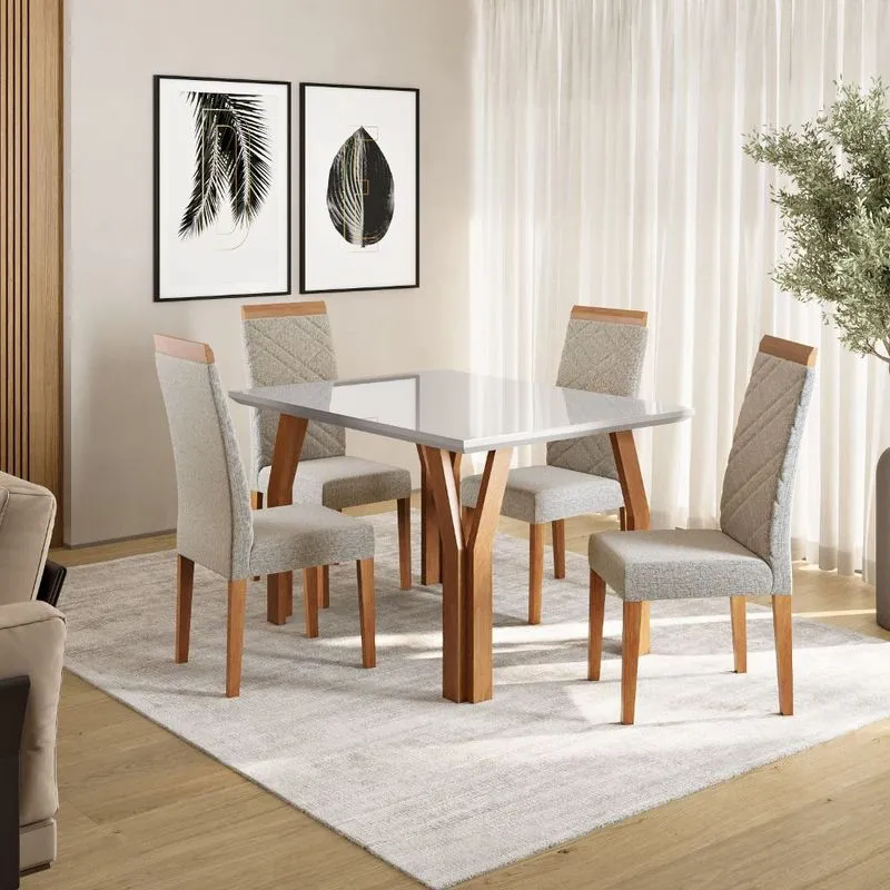 Conjunto Sala de Jantar Mesa 120cm com Tampo de Vidro com 4 Cadeiras Atlas Madetal