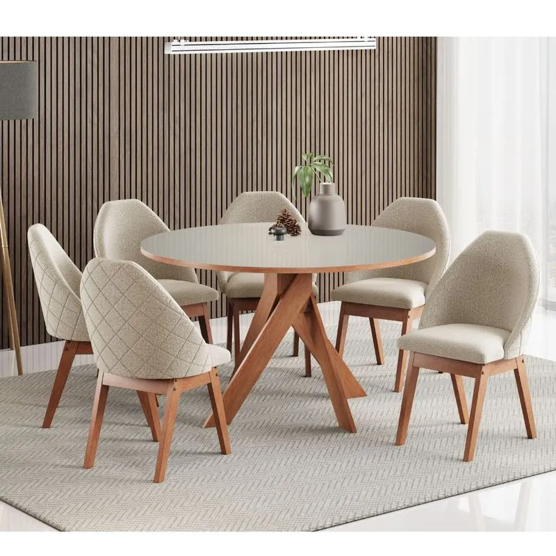 Conjunto Sala de Jantar Mesa 137cm com Tampo de Vidro Mônaco com 6 Poltronas Grécia Madetal