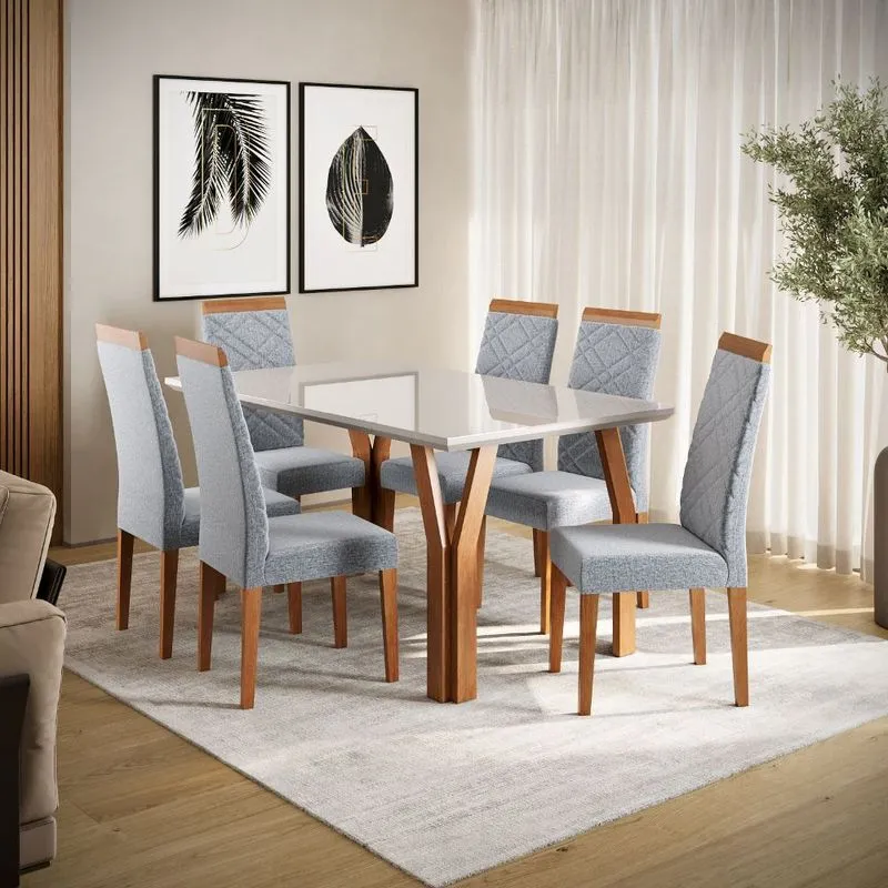Conjunto Sala de Jantar Mesa 154cm com Tampo de Vidro com 6 Cadeiras Atlas Madetal