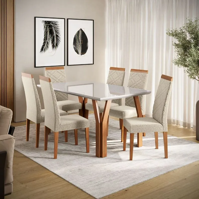 Conjunto Sala de Jantar Mesa 154cm com Tampo de Vidro com 6 Cadeiras Atlas Madetal