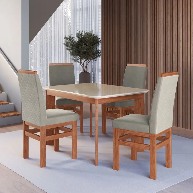 Conjunto Sala de Jantar Mesa 120cm com Tampo de Vidro Carol com 4 Cadeiras em Madeira Maciça Anissi Móveis Zamarchi