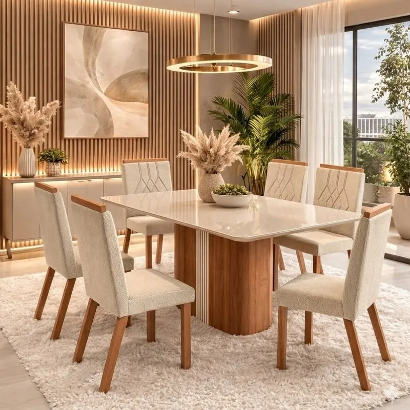 Conjunto Sala de Jantar Mesa 160cm com Tampo de Vidro Aurora com 6 Cadeiras em Madeira Maciça Tina Móveis Zamarchi