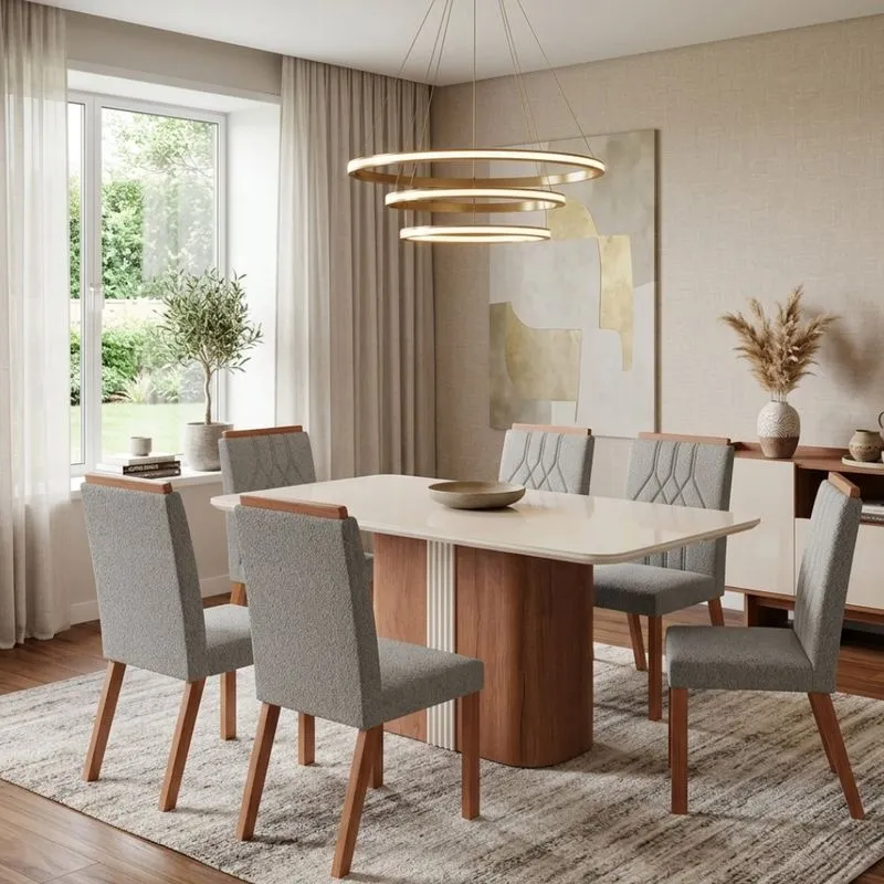 Conjunto Sala de Jantar Mesa 160cm com Tampo de Vidro Aurora com 6 Cadeiras em Madeira Maciça Tina Móveis Zamarchi