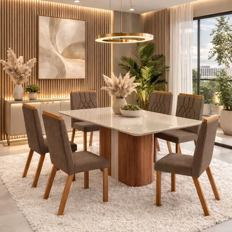 Conjunto Sala de Jantar Mesa 160cm com Tampo de Vidro Aurora com 6 Cadeiras em Madeira Maciça Tina Móveis Zamarchi