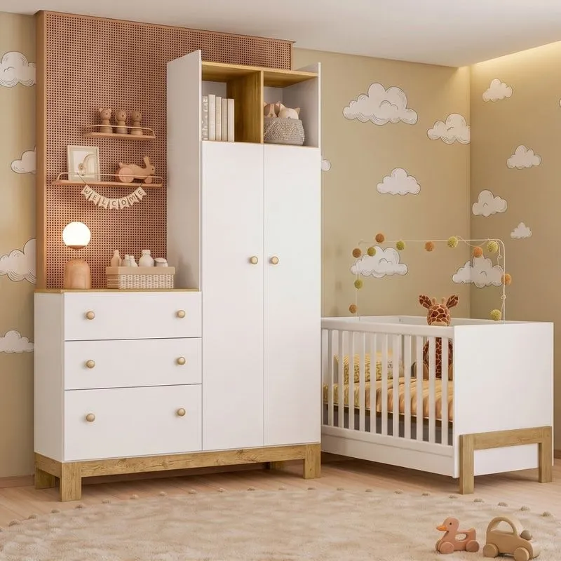 Quarto de Bebê Berço Minicama e Guarda Roupa 2 Portas com Cômoda 3 Gavetas Pom Pom Qmovi