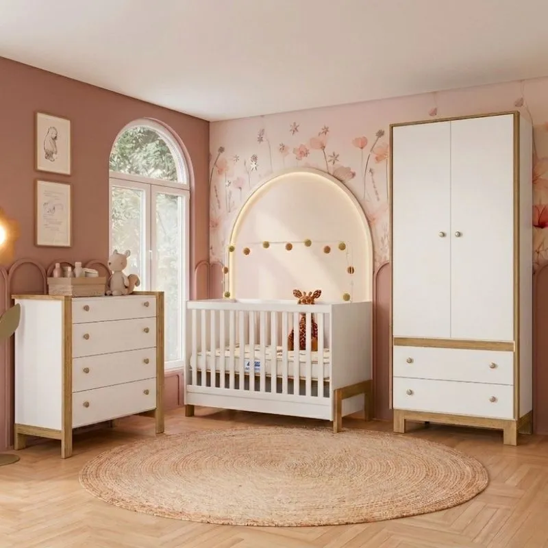 Quarto de Bebê Completo Berço Minicama Cômoda 4 Gavetas e Guarda Roupa 2 Portas 2 Gavetas Nina Qmovi com Colchão Gazin
