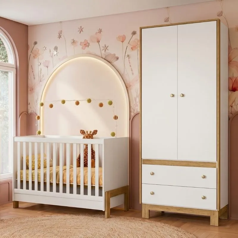 Quarto de bebê Berço Minicama e Guarda Roupa 2 Portas 2 Gavetas Nina Qmovi