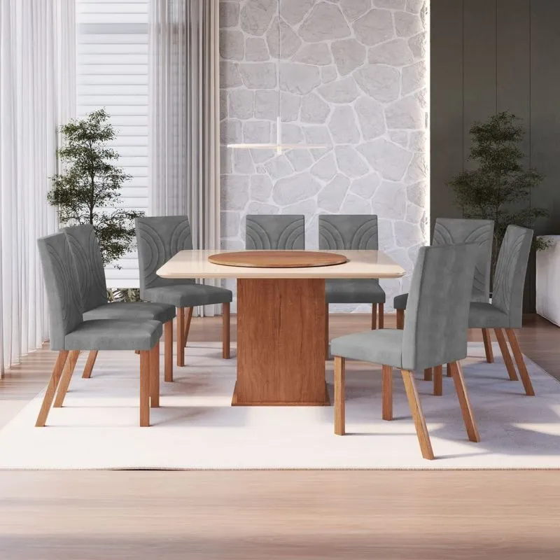 Conjunto Sala de Jantar Mesa 130cm com Tampo de Vidro e Disco Giratório Carla 8 Cadeiras Isa Móveis Zamarchi