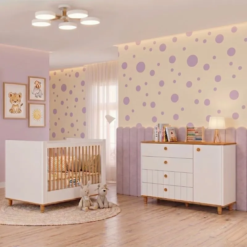 Quarto de Bebê Cômoda 4 gavetas 1 Porta e Berço Lívia Permóbili com Colchão Gazin