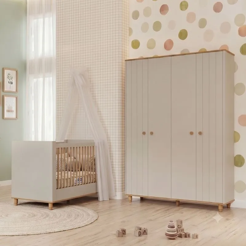 Quarto de Bebê Berço Mini e Guarda Roupa 4 Portas Lívia Permóbili e Colchão Gazin