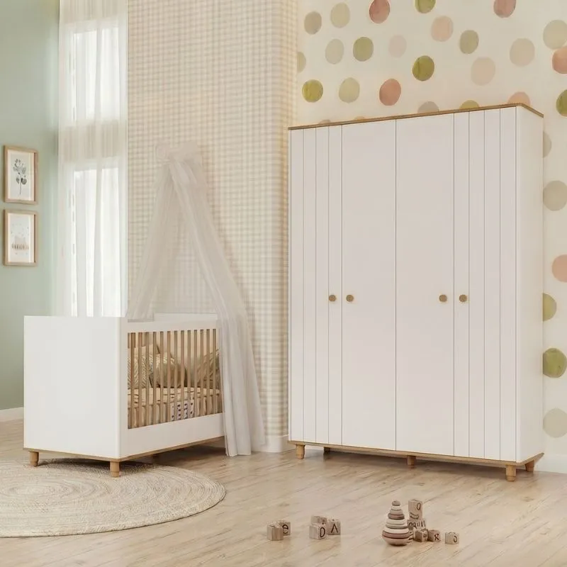 Quarto de Bebê Berço Mini e Guarda Roupa 4 Portas Lívia Permóbili e Colchão Gazin
