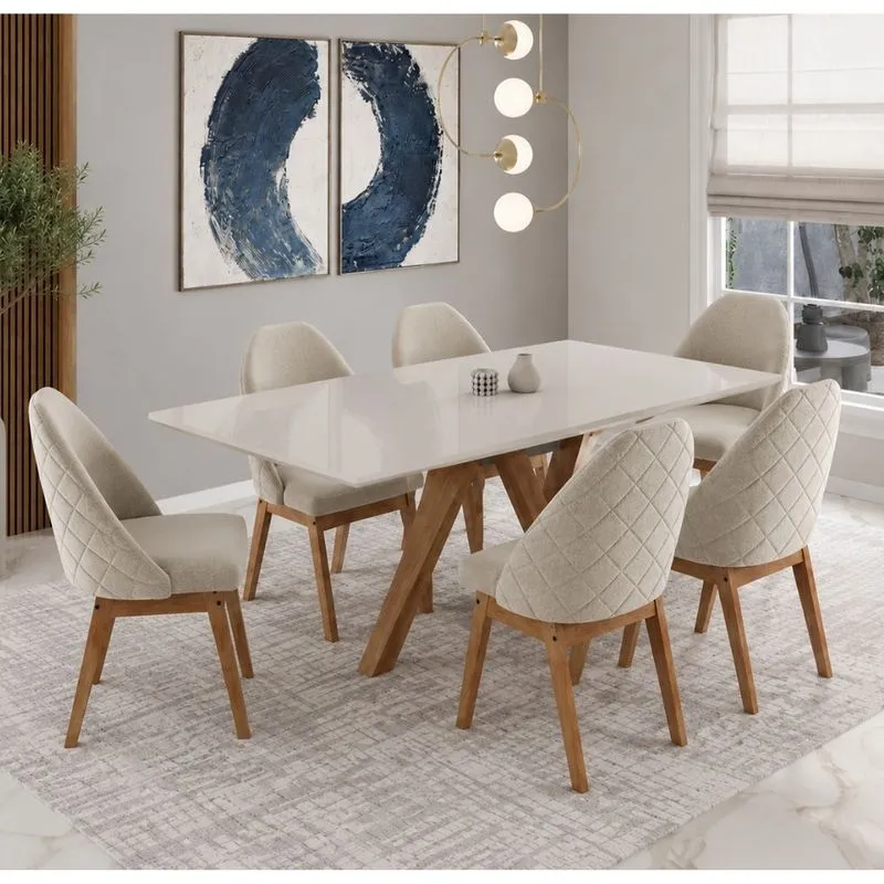 Conjunto Sala de Jantar Mesa 154cm tampo de Vidro Mônaco com 6 Poltrona Grecia Madetal
