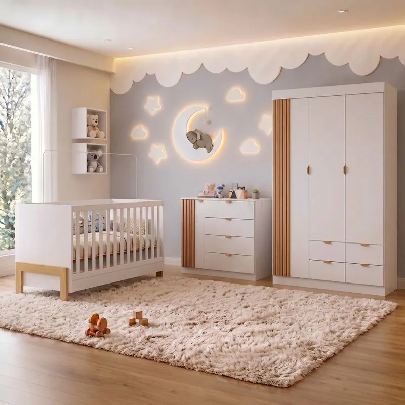 Quarto de Bebê Berço Mini Cama com Cômoda Guarda Roupa Ayla Phoenix Baby