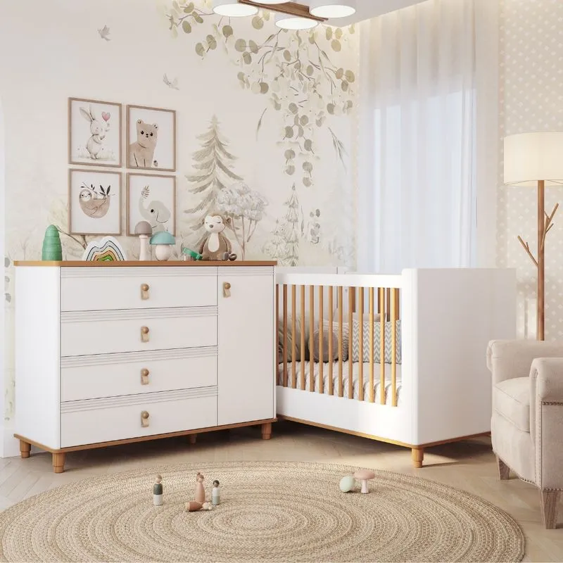 Quarto de Bebê Berço Mini Cama e Cômoda 4 Gavetas 1 Porta Em MDF Amora Permobili