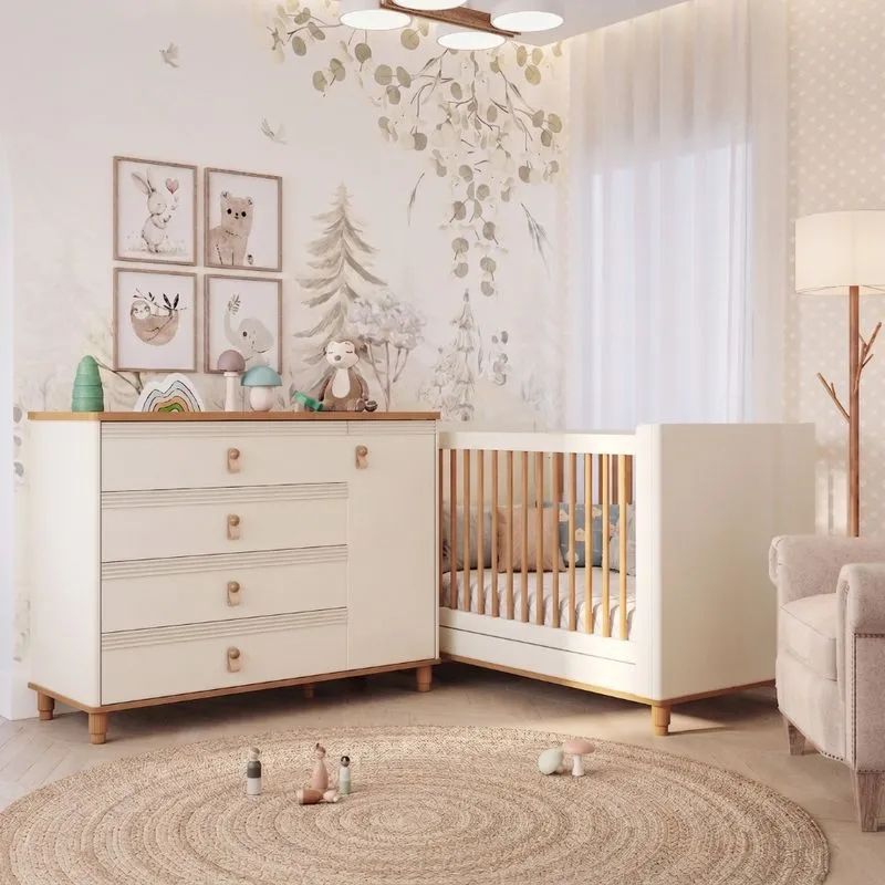 Quarto de Bebê Berço Mini Cama e Cômoda 4 Gavetas 1 Porta Em MDF Amora Permobili