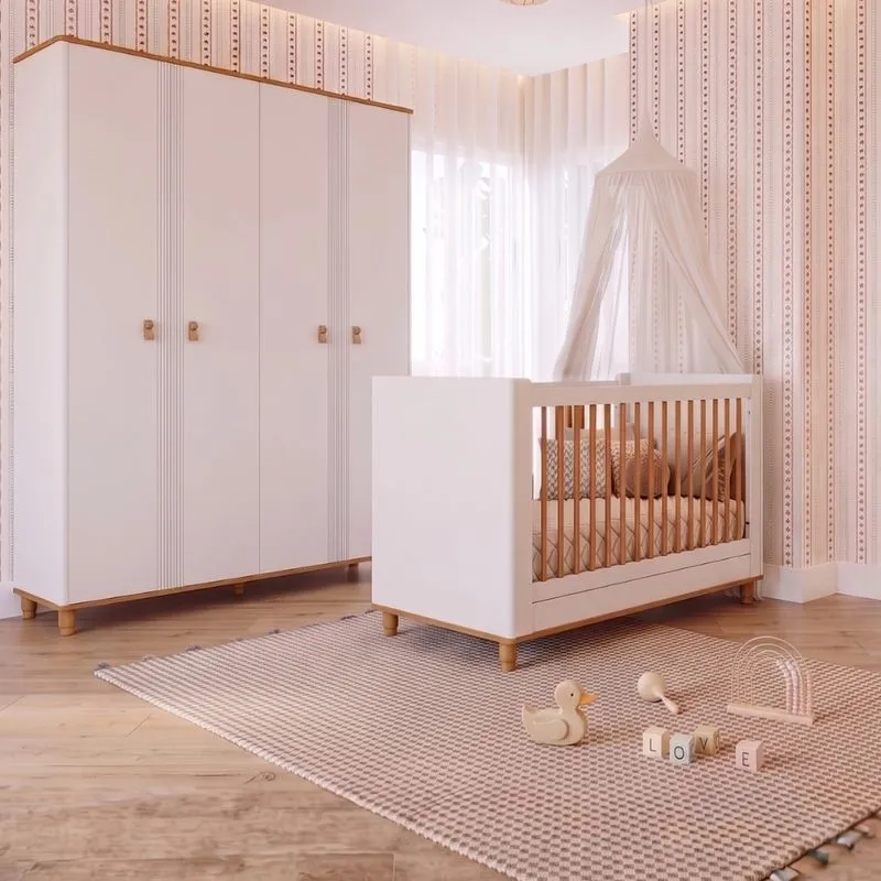 Quarto de Bebê Berço Mini Cama e Guarda Roupa 4 Portas 3 Gavetas Em MDF Amora Permobili