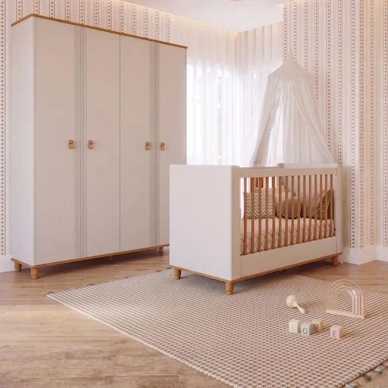 Quarto de Bebê Berço Mini Cama e Guarda Roupa 4 Portas 3 Gavetas Em MDF Amora Permobili