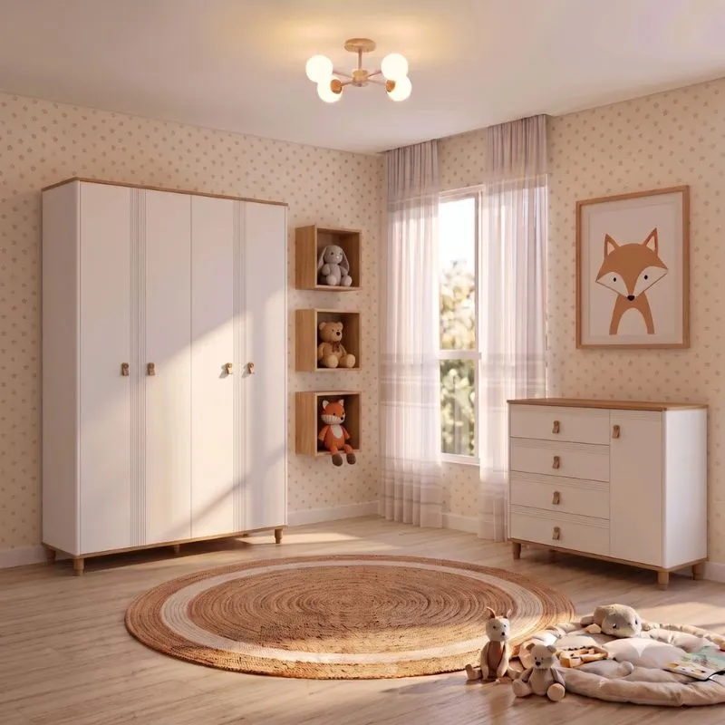Quarto Infantil Guarda Roupa 4 Portas 3 Gavetas e Cômoda 4 Gavetas 1 Porta Em MDF Amora Permobili