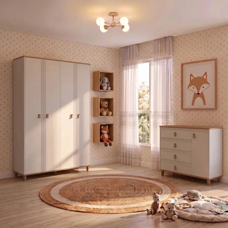 Quarto Infantil Guarda Roupa 4 Portas 3 Gavetas e Cômoda 4 Gavetas 1 Porta Em MDF Amora Permobili