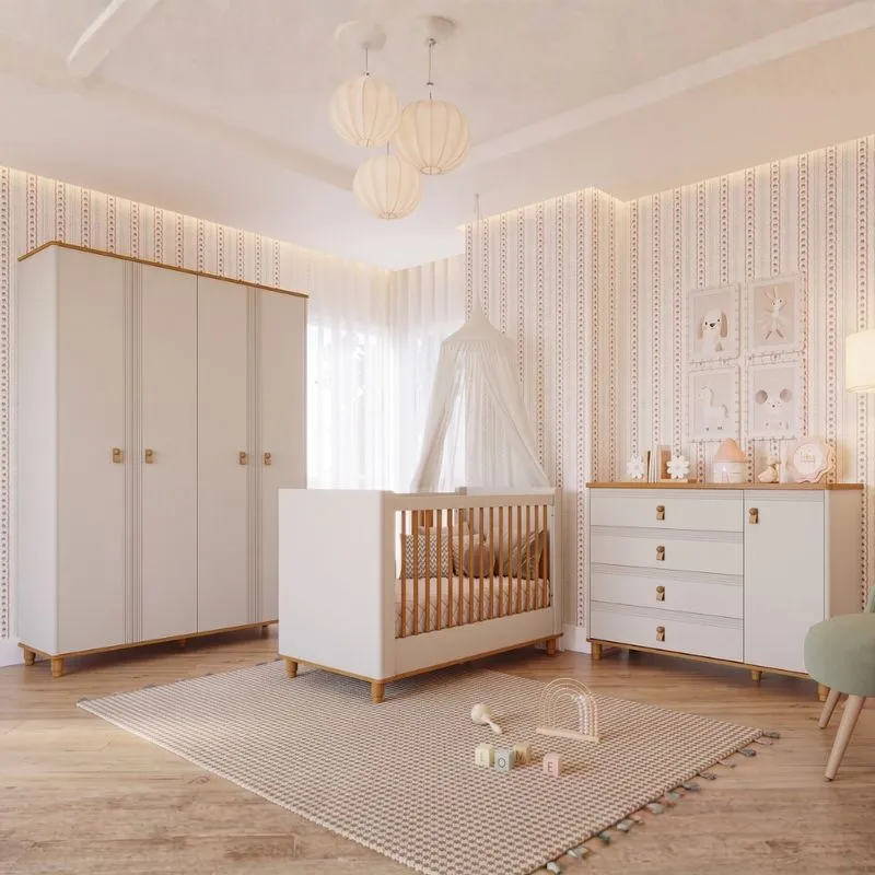 Quarto de Bebê Completo Berço Mini Cama Guarda Roupa e Cômoda Em MDF Amora Permóbili