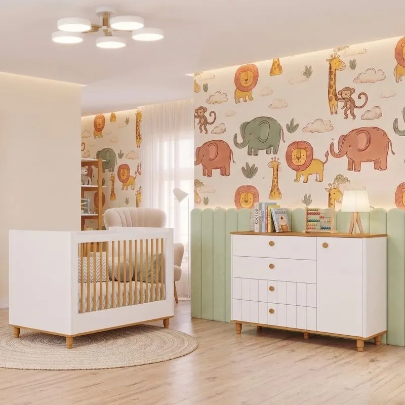 Quarto de Bebê Berço Mini Cama e Cômoda 1 Porta 4 Gavetas Lívia Permóbili