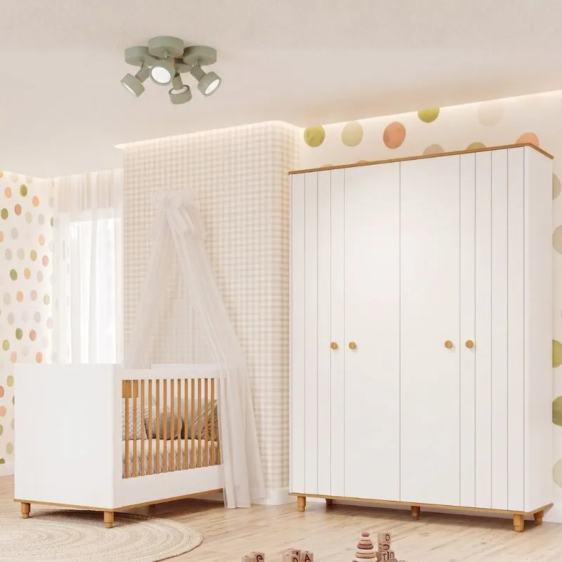 Quarto de Bebê Berço Mini Cama e Guarda Roupa 4 Portas Lívia Permóbili