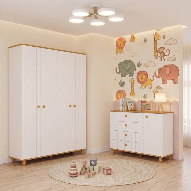 Quarto de Bebê Guarda Roupa 4 Portas E Cômoda 1 Porta 4 Gavetas Em MDF Lívia Permóbili