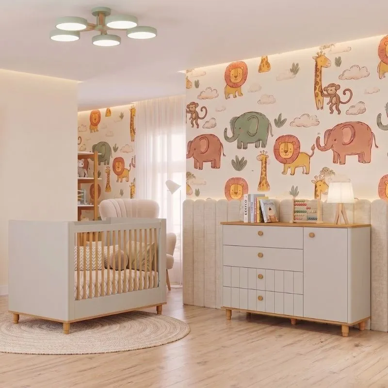 Quarto de Bebê Berço Mini Cama e Cômoda 1 Porta 4 Gavetas Lívia Permóbili