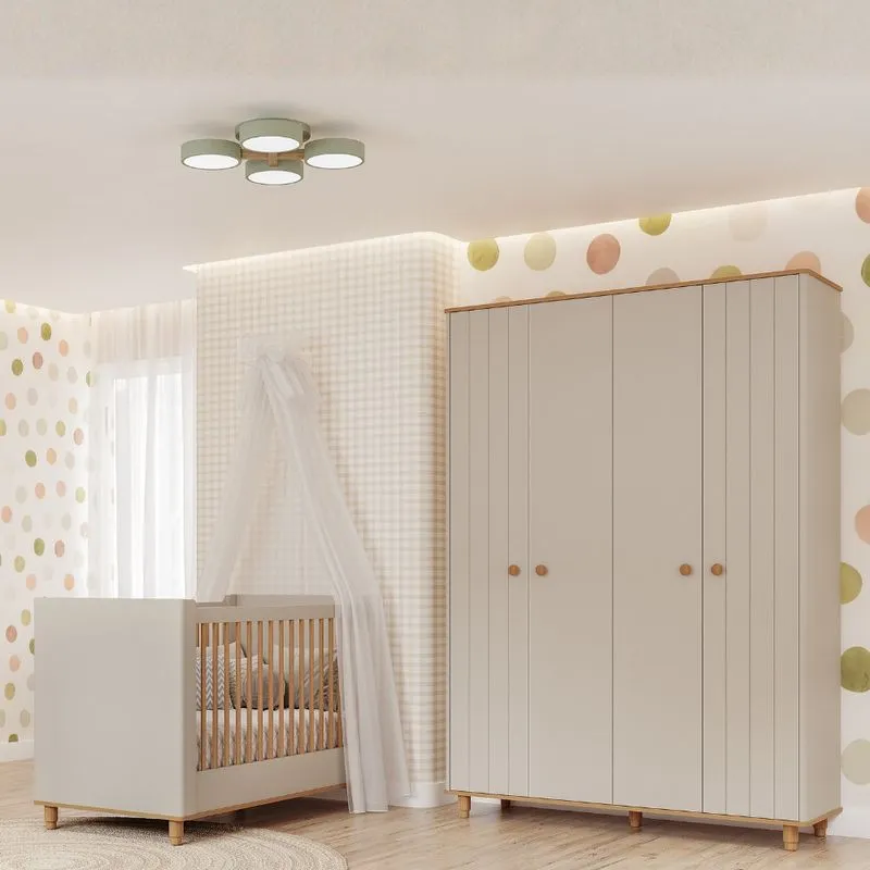 Quarto de Bebê Berço Mini Cama e Guarda Roupa 4 Portas Lívia Permóbili