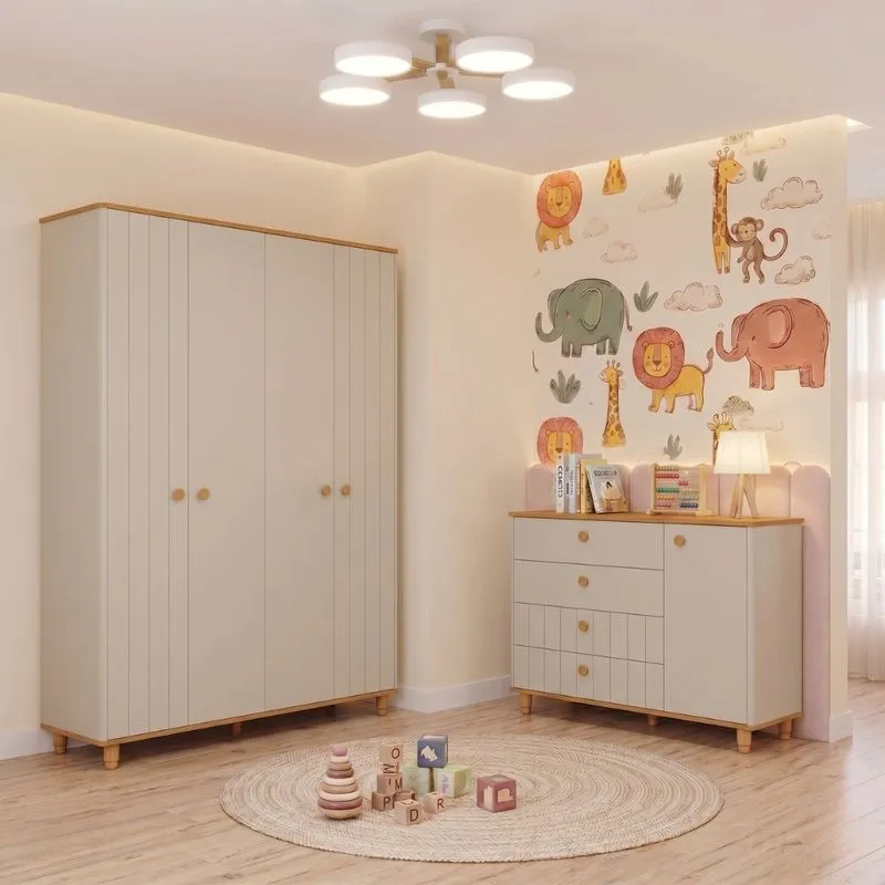 Quarto de Bebê Guarda Roupa 4 Portas E Cômoda 1 Porta 4 Gavetas Em MDF Lívia Permóbili