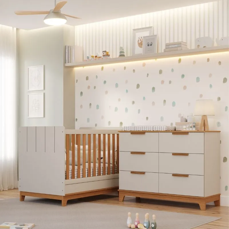 Quarto de Bebê Berço Mini Cama e Cômoda 6 Gavetas Em MDF Pistache Permobili