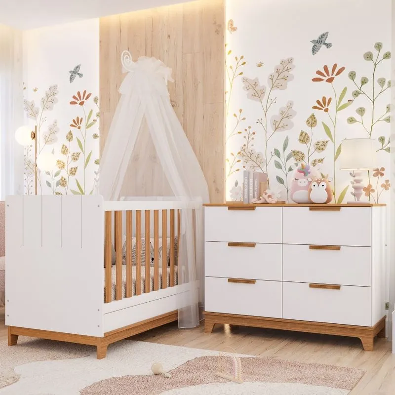 Quarto de Bebê Berço Mini Cama e Cômoda 6 Gavetas Em MDF Pistache Permobili